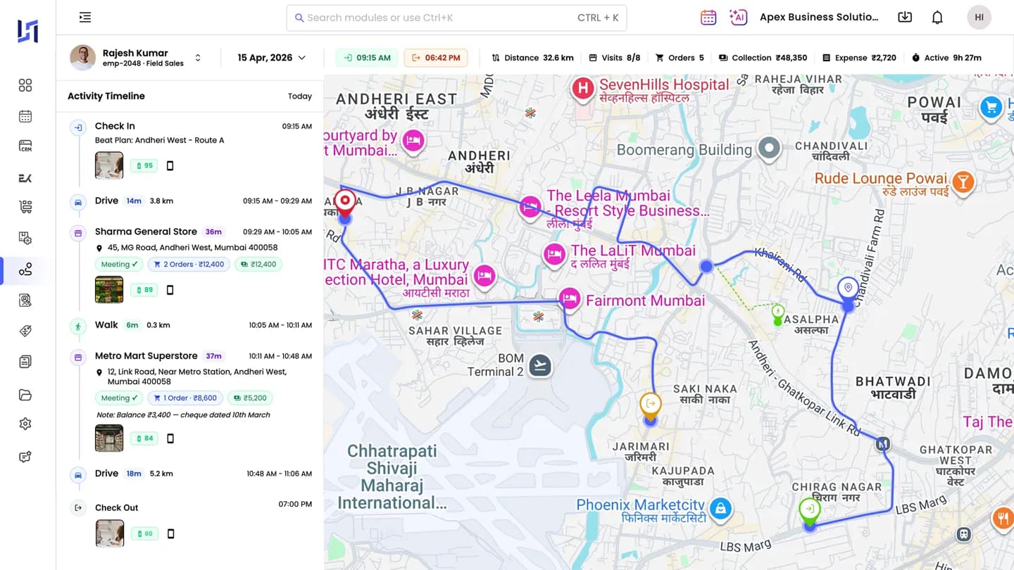 Emp Track Pro: a field employee's day replayed on a map, with the activity timeline of check-ins, drives and stops alongside